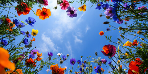 Wunderschöne Blumen im Kreis mit Himmel als Hintergrund, ai generativ