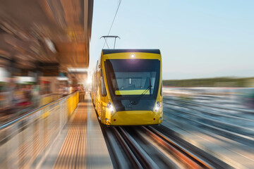 Tram in motion blur passing street arrives at the station with passengers