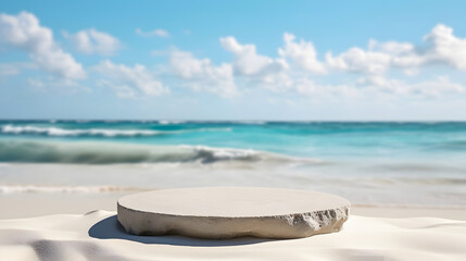 Obraz premium Summer sand and sea product placement background with empty flat stone podium