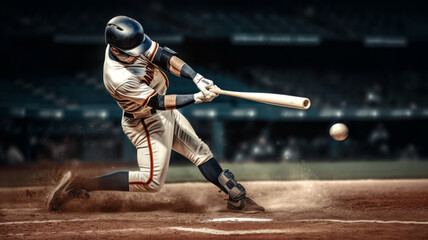 Baseball player just hitting ball with his wooden bat. Postproducted generative AI illustration. - obrazy, fototapety, plakaty
