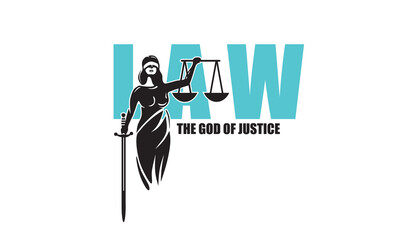 THEMIS, LADY JUSTICE LOGO, silhouette of a strong woman with sword and scales vector illustrations