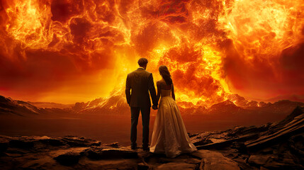 Burning love and young couple standing over rocky cliff. Postproducted generative AI illustration.