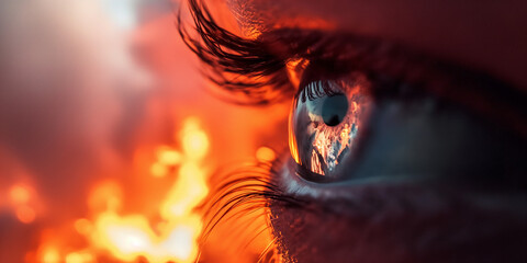 Auge einer Frau mit Feuer im Hintergrund für Gothik und Sekten Nahaufnahme, ai generativ - obrazy, fototapety, plakaty
