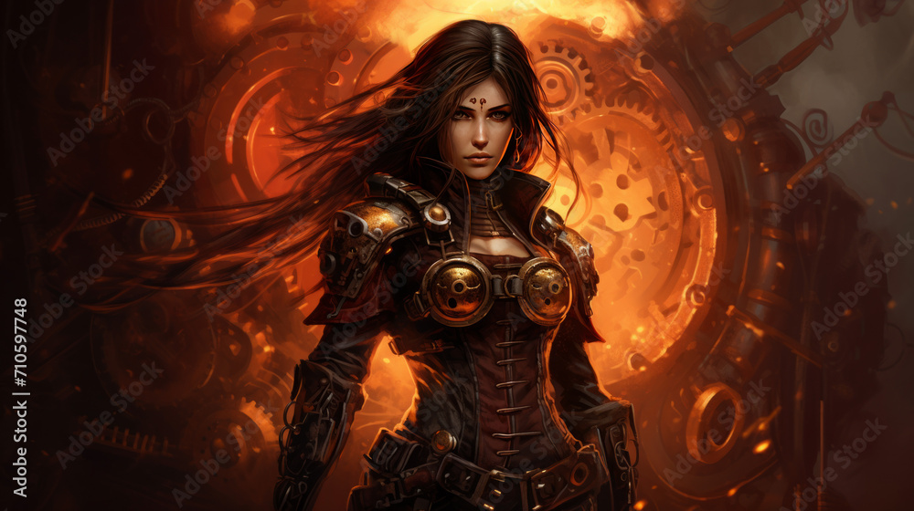 Wall mural woman with dark military dress in steampunk style, halloween motive