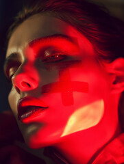 Gesicht einer Frau mit einem düsteren Makeup in Kreuz Form für Gothik und Sekten Nahaufnahme, ai generativ