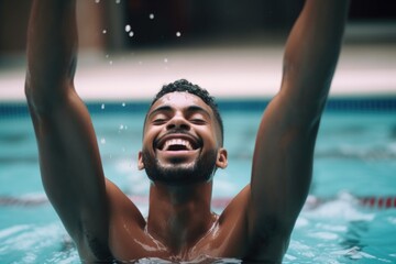 cropped image of a young man cheering while sitting in the pool - obrazy, fototapety, plakaty