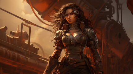 Woman with dark military dress in steampunk style, halloween motive