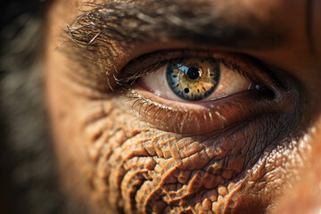 A close-up of a person's face, focusing on the eyes that reflect a storied history, surrounded by cultural motifs created with Generative Ai