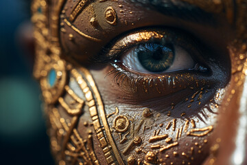 Obraz premium A close-up of a person's face, focusing on the eyes that reflect a storied history, surrounded by cultural motifs created with Generative Ai