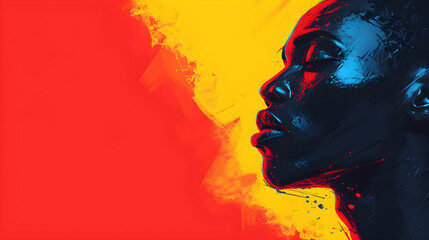 Stylized background in honor of Black History Month featuring a portrait of an African man and abstract illustration in red, yellow, blue colors, with copy space for various uses.