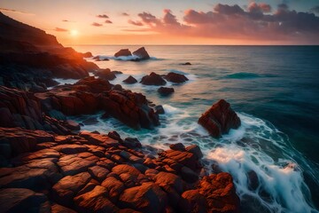 A rocky shoreline painted with vibrant hues during a mesmerizing sunrise, illuminating the vast ocean.