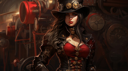 Woman with dark military dress in steampunk style, halloween motive