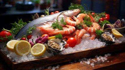 Fresh seafood on a board in the restaurant: shrimps, lobsters, mussels, lemon. Counter with ice close-up photo. Horizontal banking for web. Photo AI Generated