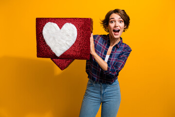 Portrait of impressed girl with bob hairstyle wear checkered blouse hold heart box astonished...