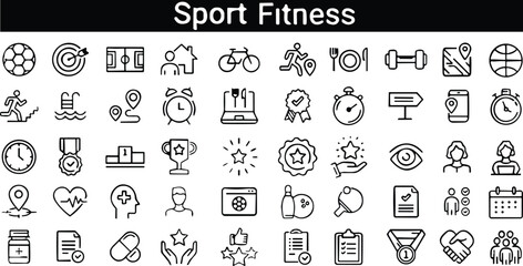 Sports fitness icons line set. Archery, swimming, soccer, Exercise , gym and relaxation. vector illustration