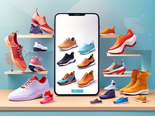 3D Online shopping for footwear. Mobile application of shoe store. Different types of models for men and women. Vector concept in 3d style. Banner with space for additional information. - obrazy, fototapety, plakaty