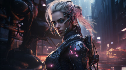 Woman with dark military dress in neon pink style, halloween motive