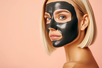 Elegant Beauty Regimen: Sophisticated Woman with a Sleek Charcoal Facial Mask