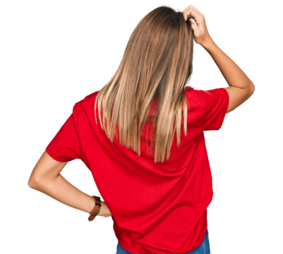 Teenager caucasian girl wearing casual red t shirt backwards thinking about doubt with hand on head