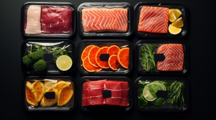 Product shopping concept mockup on a black background: packaged and packaged meat, fish, fruits, vegetables, greens. Photo mockup, top view. Horizontal banking for web. Photo AI Generated