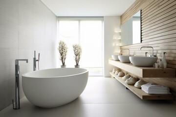 Simple modern bathroom with white basin, bathtub, and unique interior design. Generative AI