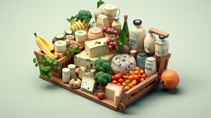 Obraz na płótnie Canvas Grocery store, dairy department: cheeses, spices, greens, tomatoes. 3D mockup in the ninth box, top view on a green background. Horizontal banking for web. Photo AI Generated