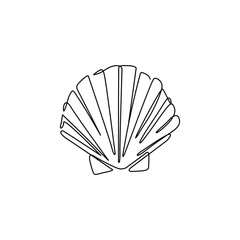 Shell continuous line drawing, tattoo, print for clothes and logo design, silhouette single line on a white background, isolated vector illustration.