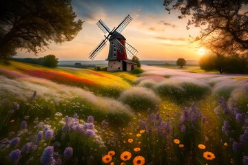 An enchanting countryside scene unveiling a solitary windmill amidst a riot of blooming, fragrant wildflowers.