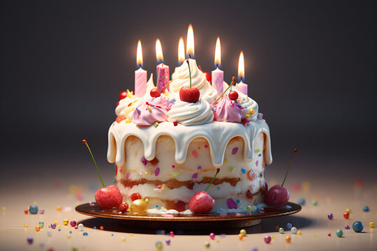 Birthday cake with candles on a festive elegant background. Generative AI.