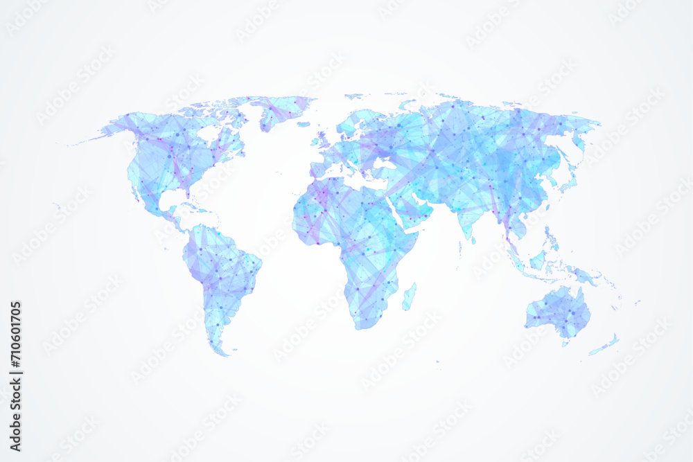 Poster Polygonal World Map Vector With Connections Dots And Lines. Global Network Internet Connection World Map.