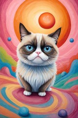 A grumpy cat on acid, disoriented, appears in an abstract psychedelic world. Beautiful pastel illustration of a kitten on LSD. Acid trip. Digitial illustration, generative ai wallpaper - obrazy, fototapety, plakaty