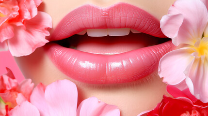 Close-up of beautiful plump female lips with pink lipstick and flowers around them. The concept of Beauty cosmetics.