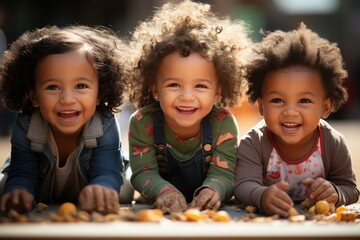 Portrait of three african american little girls laughing together outdoors. Sandbox. Childhood Concept with a Copy Space.	 - obrazy, fototapety, plakaty