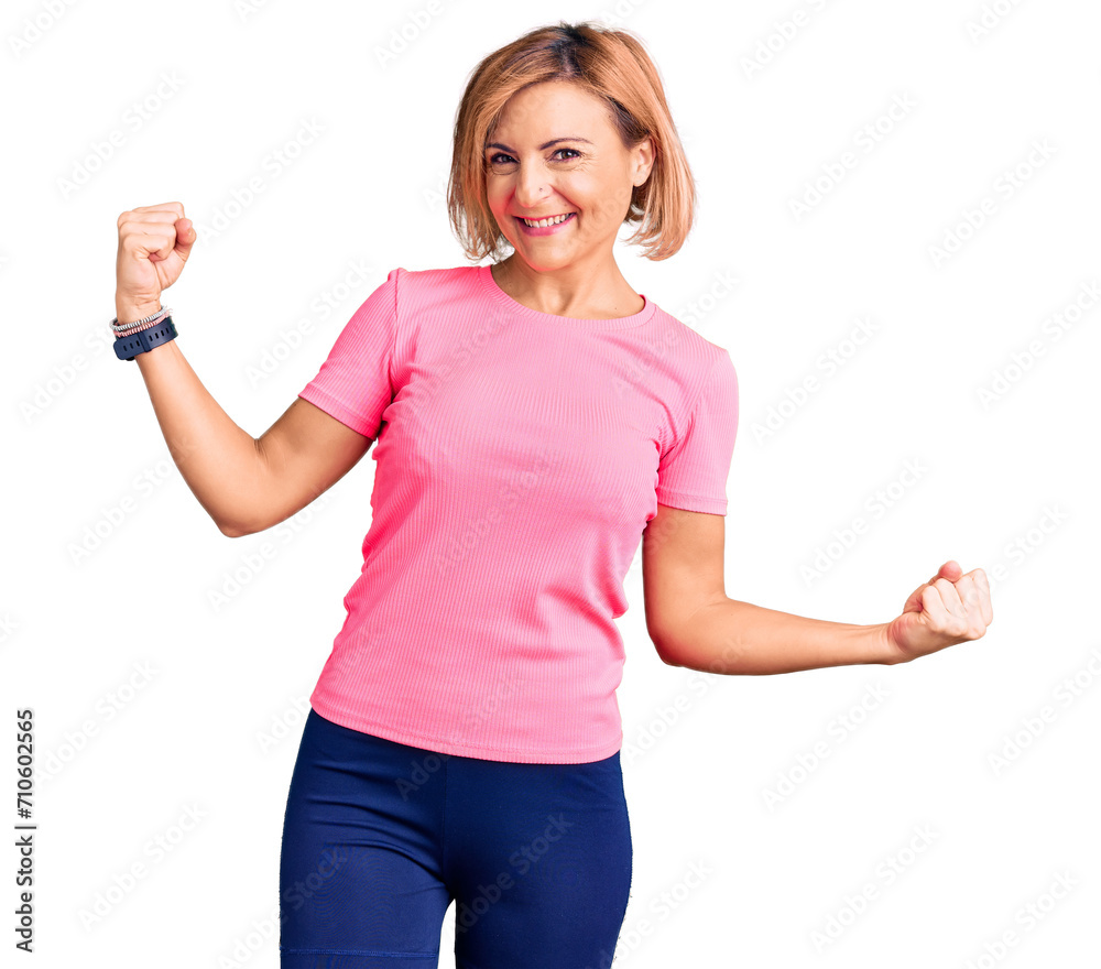 Sticker young blonde woman wearing sportswear dancing happy and cheerful, smiling moving casual and confiden