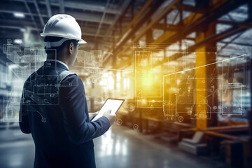 man in a helmet, holding a tablet, analyzing holographic blueprints in an industrial setting with yellow structures, ai generative - obrazy, fototapety, plakaty