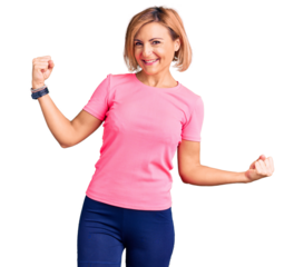 Young blonde woman wearing sportswear dancing happy and cheerful, smiling moving casual and confident listening to music