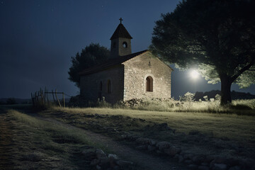 Fototapeta premium a tranquil night scene with an illuminated church beside a tree under a starry sky. Serene and picturesque, ai generative