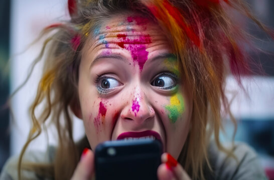 woman with painted face and hair shouting into a mobile phone, ai generative
