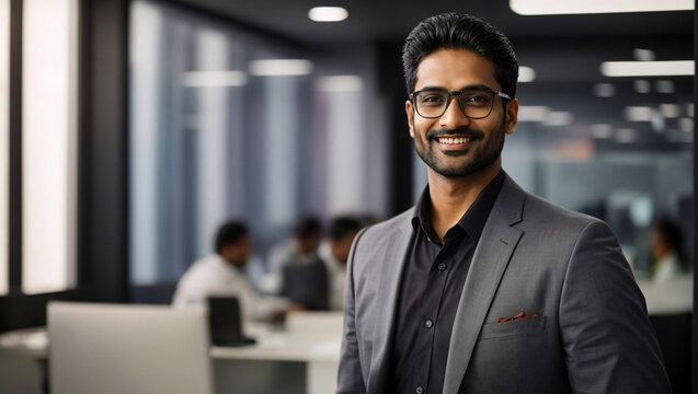 Bellissimo uomo di 30 anni di origini indiane in ufficio con vestito elegante