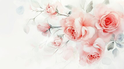 watercolor Dusty roses, soft light blush peony on white background 