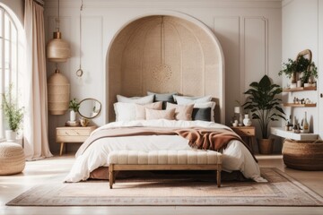 Bohemian french interior home design of modern bedroom with beige bed and furniture