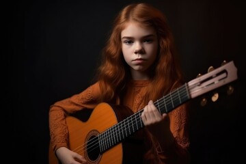 portrait of a serious young girl playing the guitar