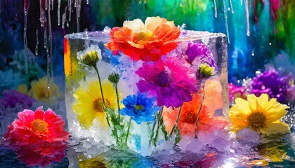 a mesmerizing visual of flowers suspended within an ice cube, each petal adorned with a spectrum of rainbow colors. The frozen tableau should evoke a sense of tranquility and wonder. 