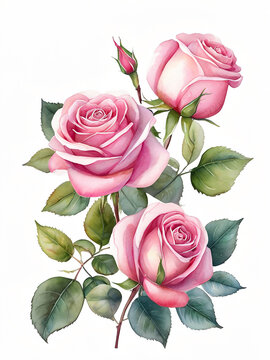 pink roses blooming watercolor pictures. isolated white background