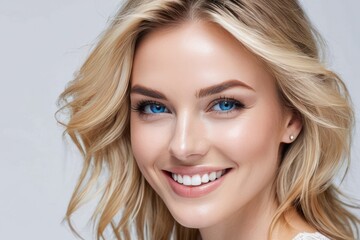 Naklejka premium Portrait pretty blond model smiling woman with blue eyes, white teeth, healthy long hair and beauty skin. Concept of studio shot of advertising a dentist and facial care. Generative AI