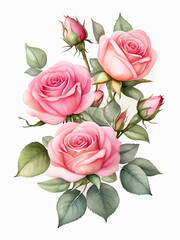 Watercolor pictures. Beautiful pink roses, isolated white background
