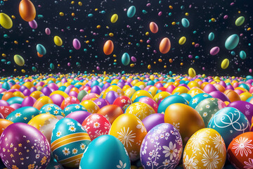 colorful easter eggs falling down like rain from sky