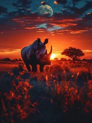 Plexiglas foto achterwand Sunset Silhouette: A Majestic Rhino Against the Backdrop of a Glowing Sunset, Symbolizing the Wild's Tranquil End to the Day © Tomasz