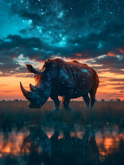 Fototapeta premium Sunset Silhouette: A Majestic Rhino Against the Backdrop of a Glowing Sunset, Symbolizing the Wild's Tranquil End to the Day