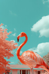 Flamingo in front of the pink house.Blue and pink color combination.